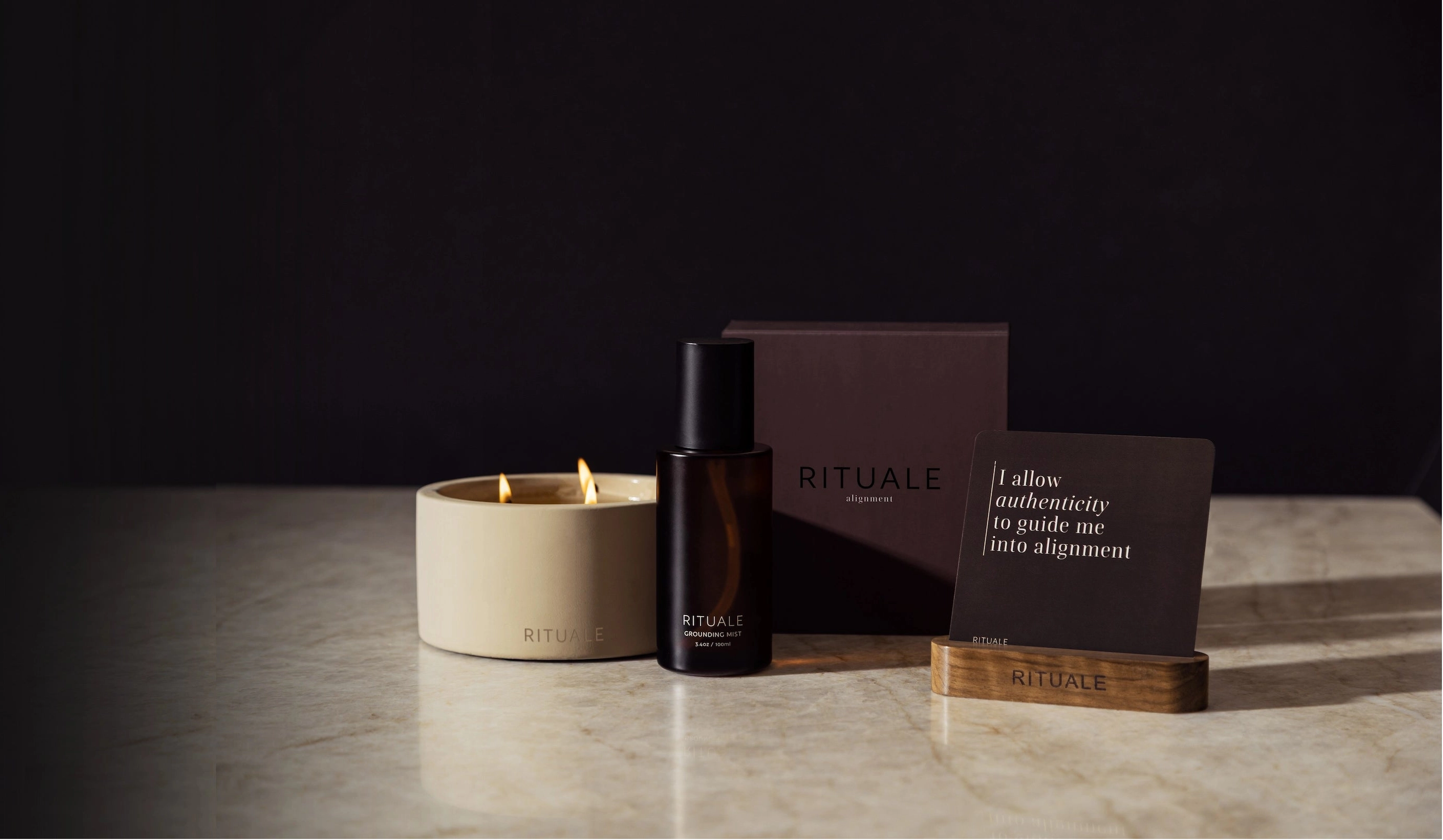 Rituale trio collection with grounding mist, concrete candle, and alignment card